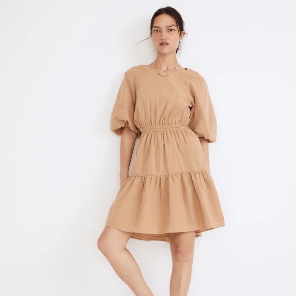 Madewell Dresses & Skirts - Madewell Women's Seersucker Puff-Sleeve Cutout Mini Dress in Seed Khaki